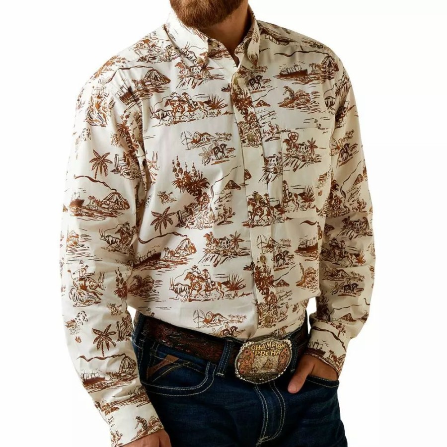 Men * | Ariat Men'S Wrinkle Resist Paniolo Western Aloha Stretch Shirt