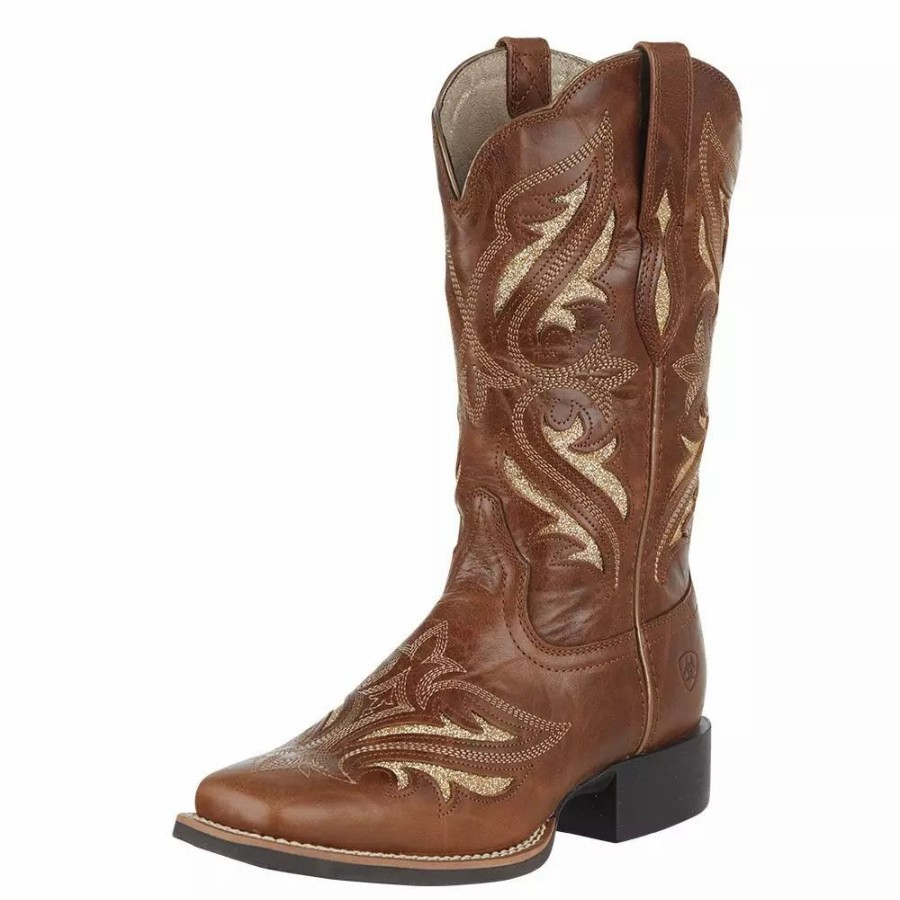 Women * | Ariat Women'S Round Up Tan Glitter Inlay 11In. Tan Cowgirl Boot