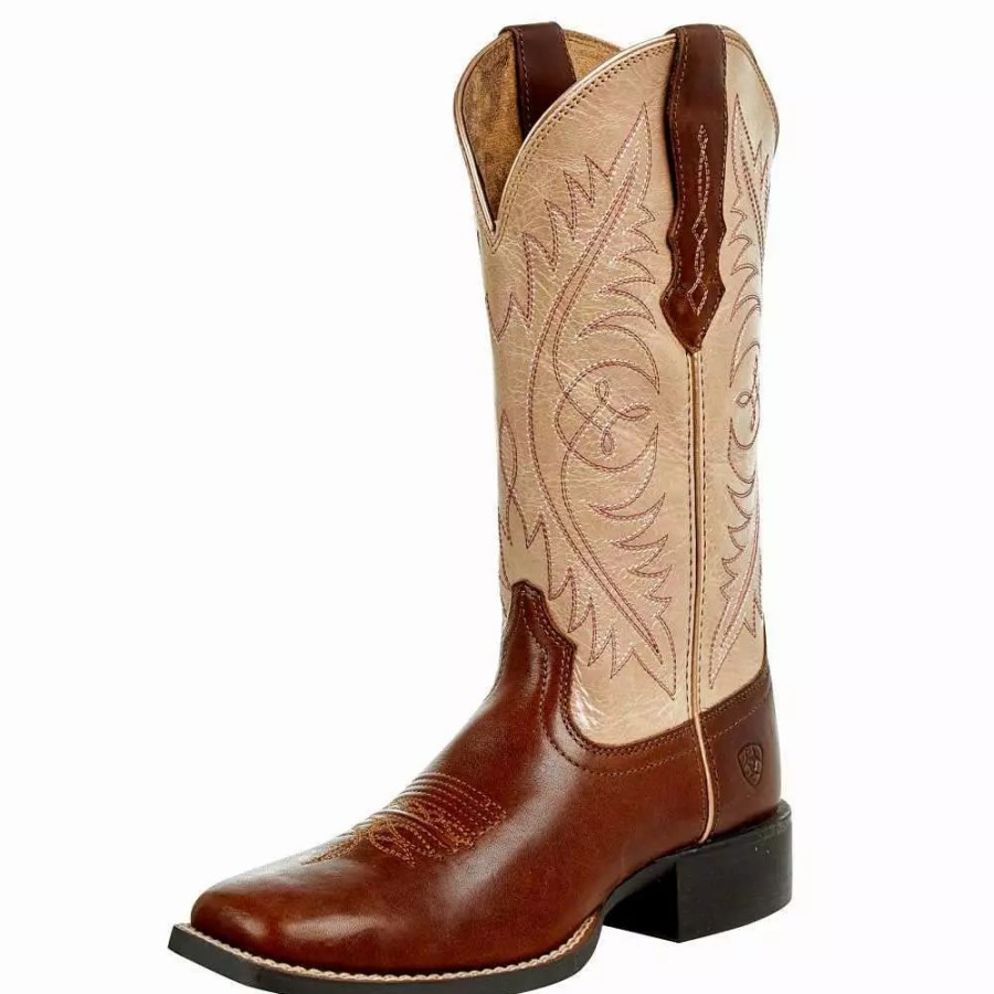 Women * | Ariat Women'S Round Up Brown/Pink Square Toe Western Boot