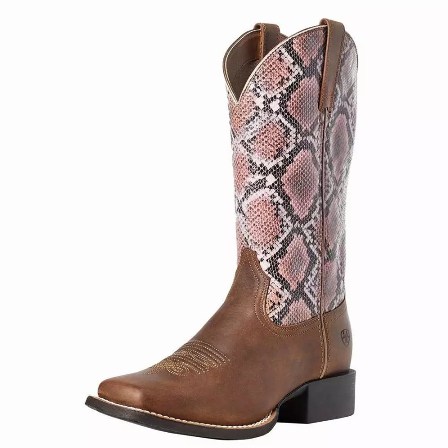 Women * | Ariat Women`S Round Up Tan Bomber/Pinksnake Boot