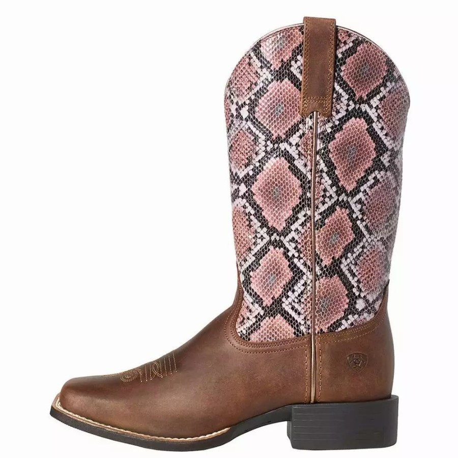 Women * | Ariat Women`S Round Up Tan Bomber/Pinksnake Boot