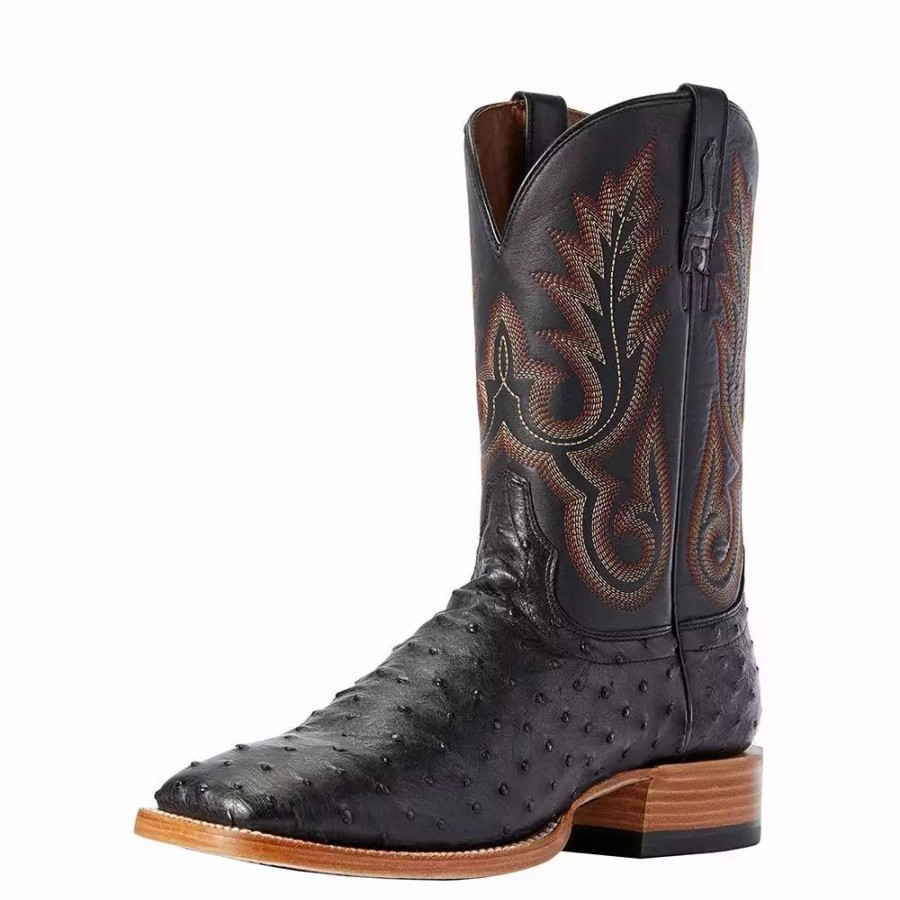 Men * | Ariat Men'S Ariat Barker Black Full Quill Ostrich 11In. Liberty Black Top Cowboy Boots