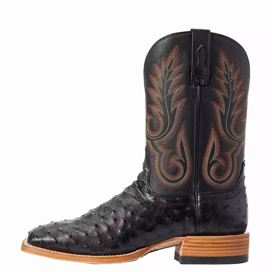 Men * | Ariat Men'S Ariat Barker Black Full Quill Ostrich 11In. Liberty Black Top Cowboy Boots