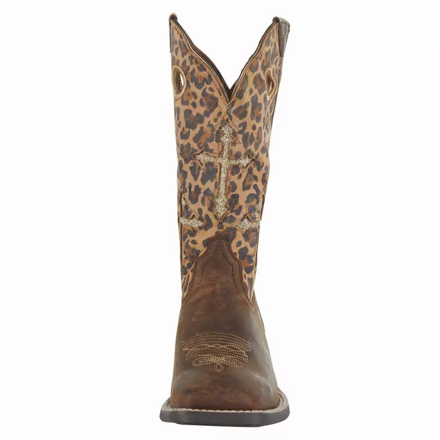 Women * | Ariat Women'S Round Up Tan/Sparkle 11In. Leopard Cowgirl Boot