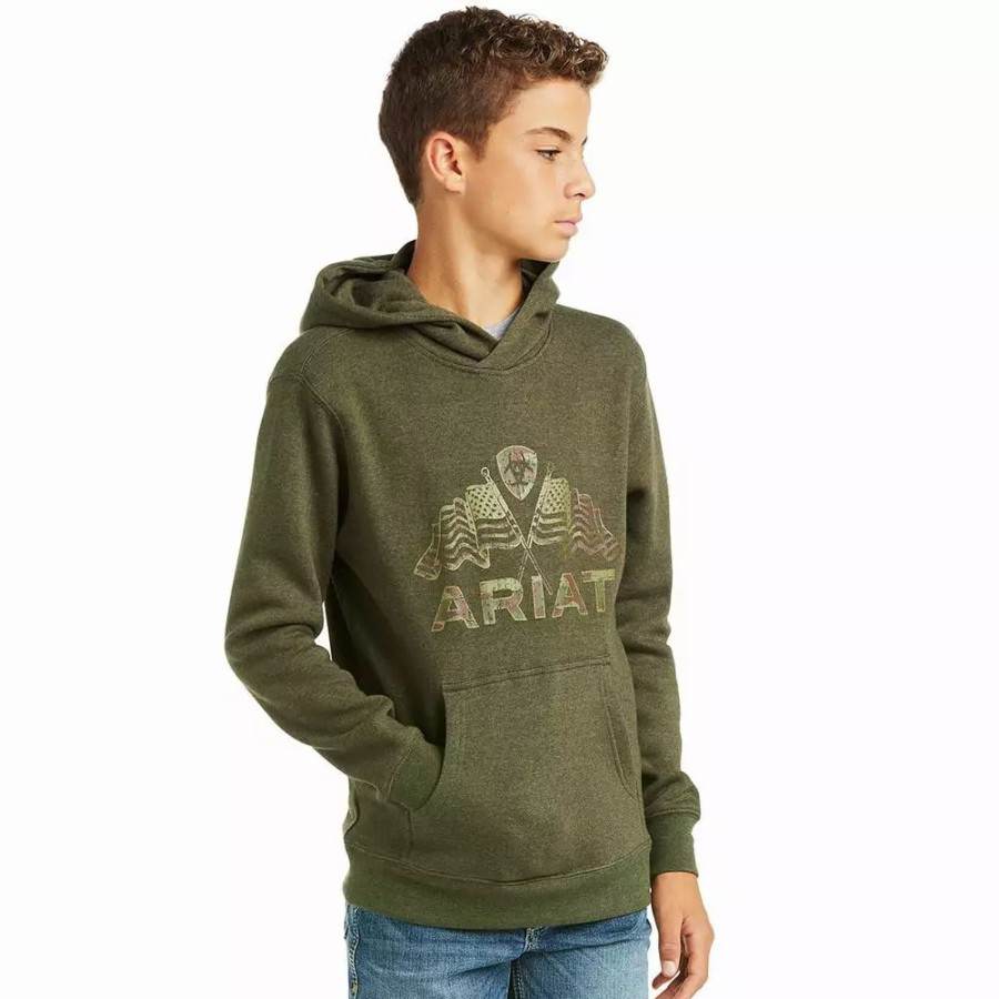 Kids * | Ariat Boy'S Olive Double Flag Basic Hooded Sweatshirt