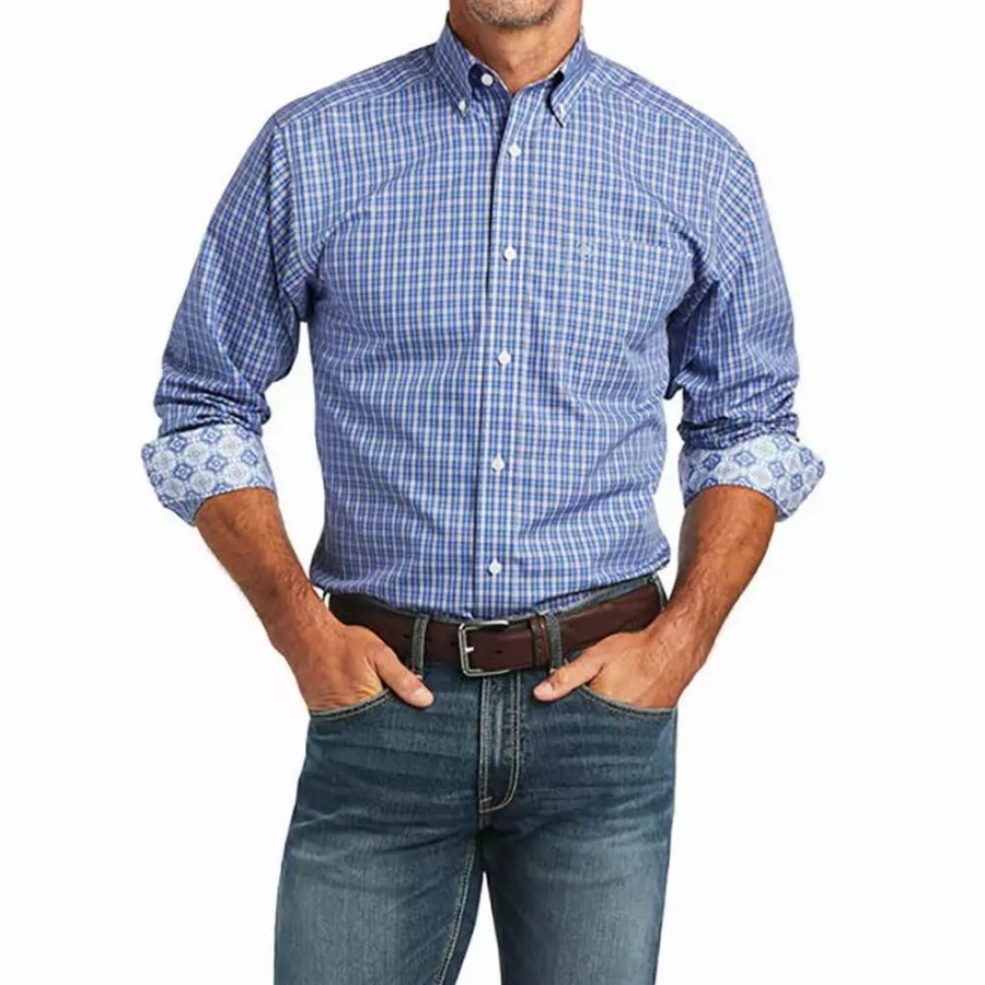 Men * | Ariat Men'S Fitted Wrinkle Free Ezrah Blue Shirt