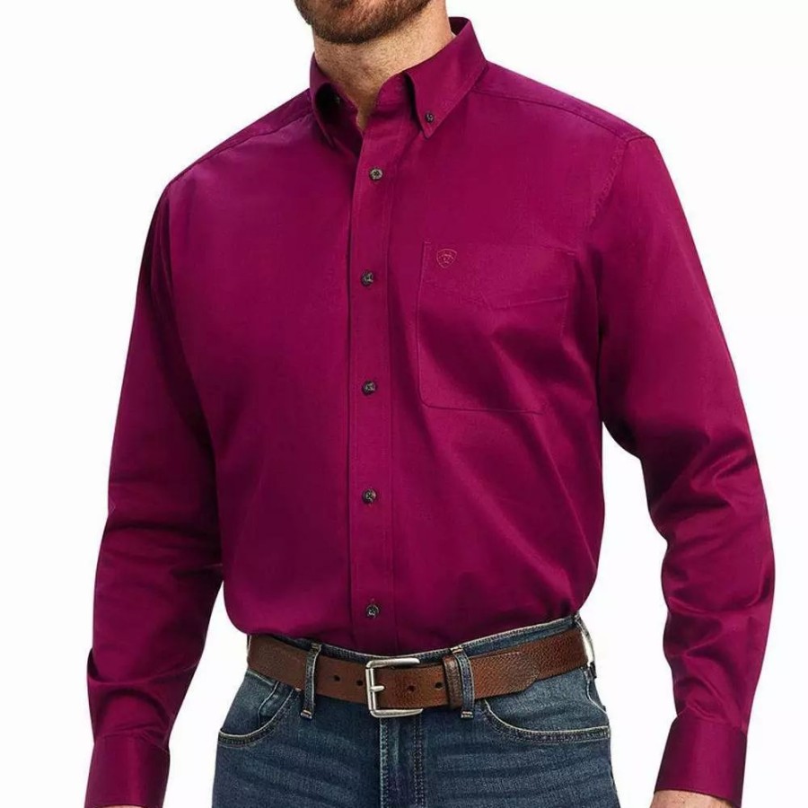 Men * | Ariat Men'S Solid Twill Magenta Purple Long Sleeve Button Down