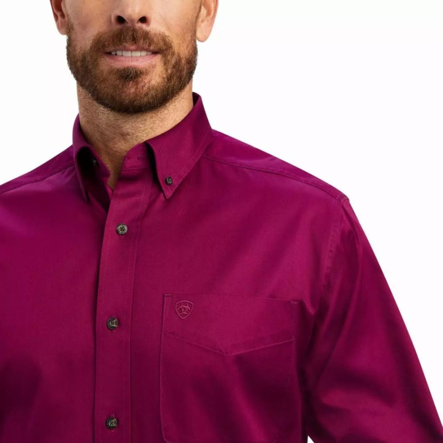 Men * | Ariat Men'S Solid Twill Magenta Purple Long Sleeve Button Down