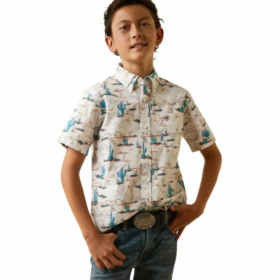 Kids * | Ariat Boys Krish White Desert Scene Button Down Short Sleeve Shirt