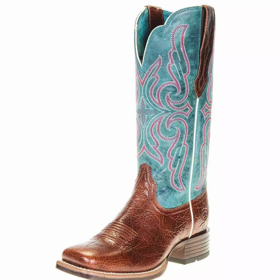 Women * | Ariat Women'S Ariat Primera Stretchfit Barrel Brown 12In. Teal Top Cowgirl Boot