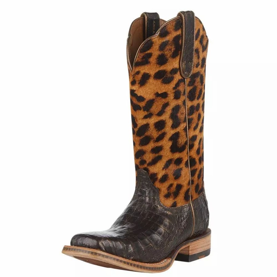 Women * | Ariat Women'S Chocolate Caiman 12In. Leopard Top Cowgirl Boot