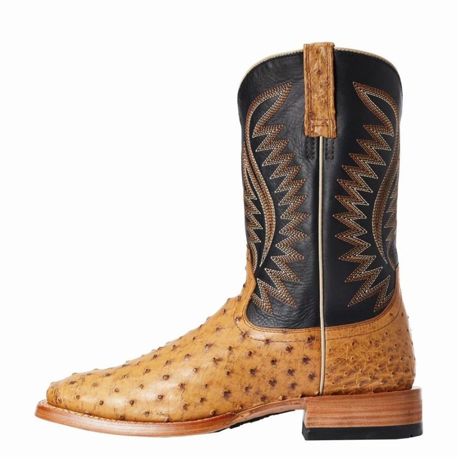 Men * | Ariat Mens Tan Full Quill Ostrich 11In Negro Top Cowboy Boot 10034082