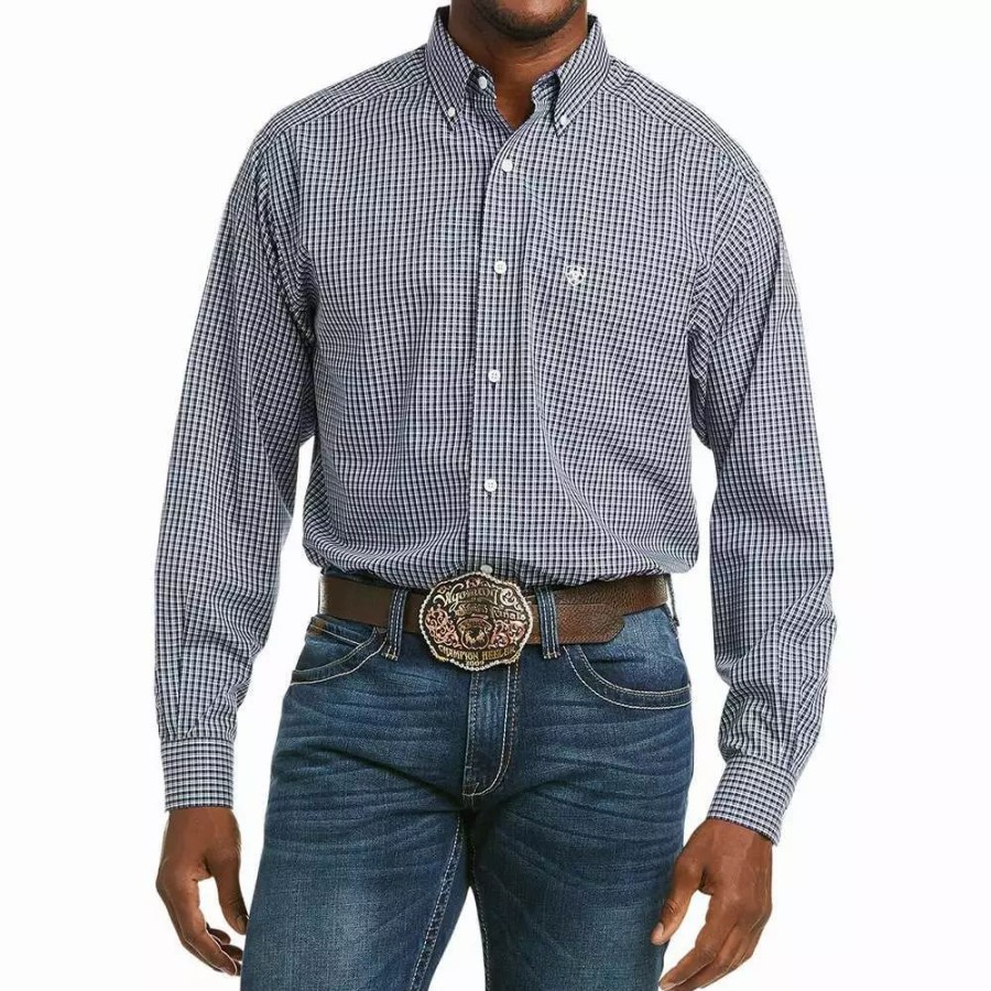 Men * | Ariat Men'S Wrinkle Free Dress Blue Plaid Sal Shirt