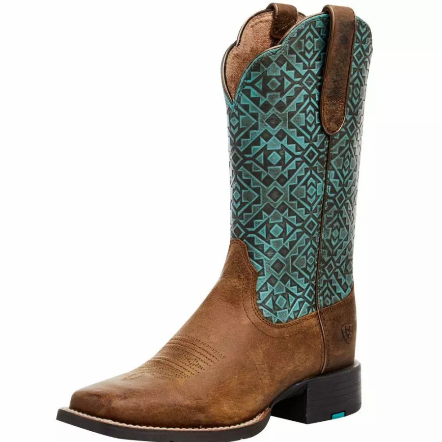 Women * | Ariat Women'S Round Up Old Earth/ Turquoise Blanket Emboss 11 In Top Boot