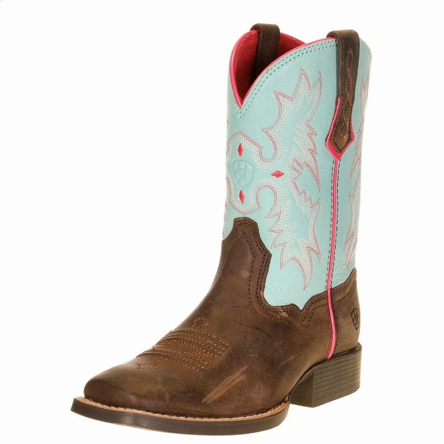 Kids * | Ariat Kids Bay Brown Bell Blue Kids Square Toe Cowboy Boot