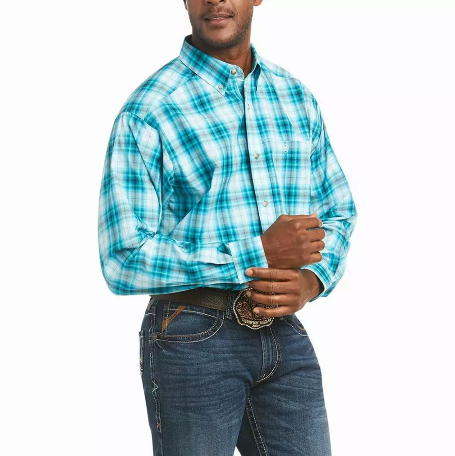 Men * | Ariat Men'S Pro Series Teal Plaid Stretch Classic Fit Shirt