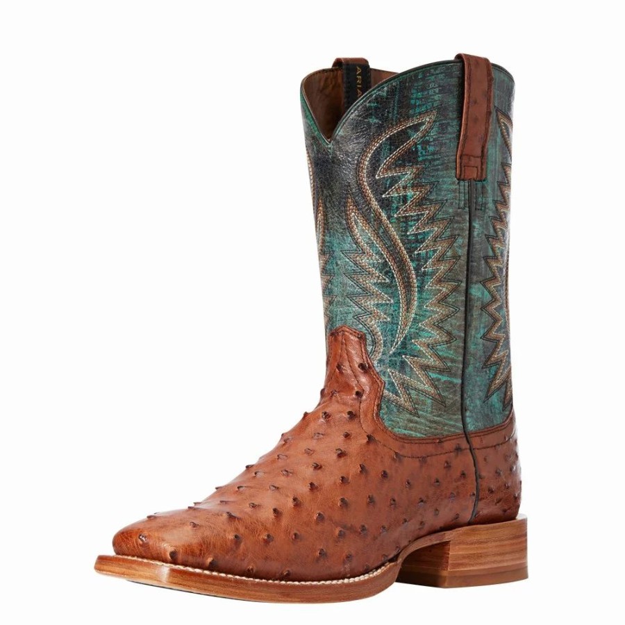 Men * | Ariat Men'S Ariat Brandy Full Quill Ostrich 11In. Roaring Turquoise Top Cowboy Boot