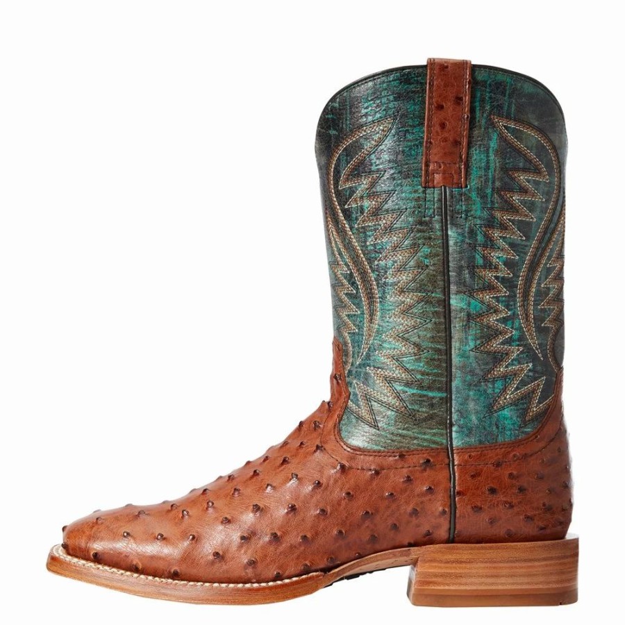 Men * | Ariat Men'S Ariat Brandy Full Quill Ostrich 11In. Roaring Turquoise Top Cowboy Boot