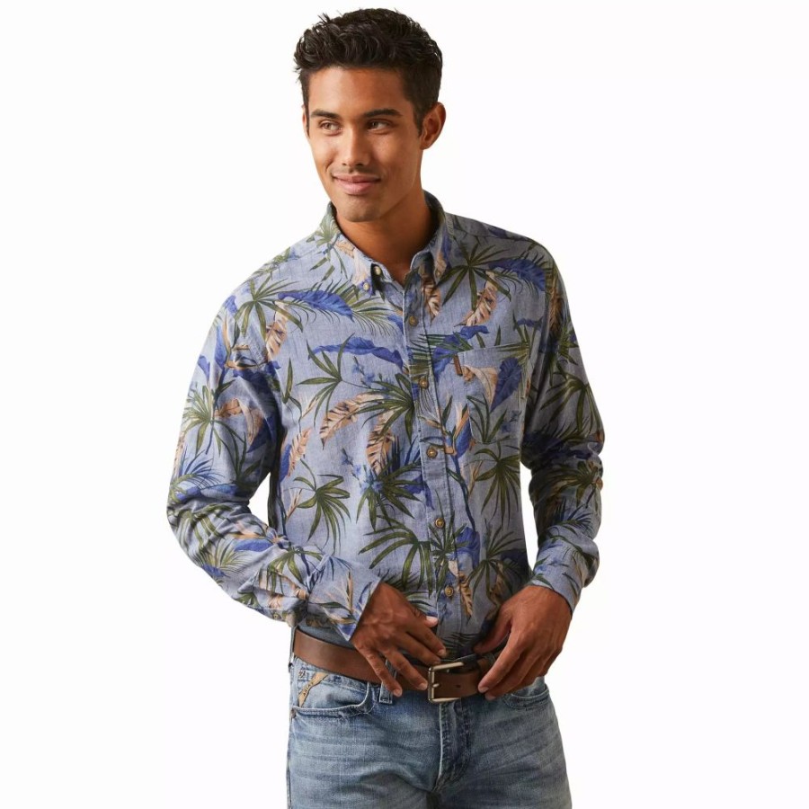 Men * | Ariat Mens Wrinkle Resist Paradise Palm Stretch Modern Fit Long Sleeve Shirt