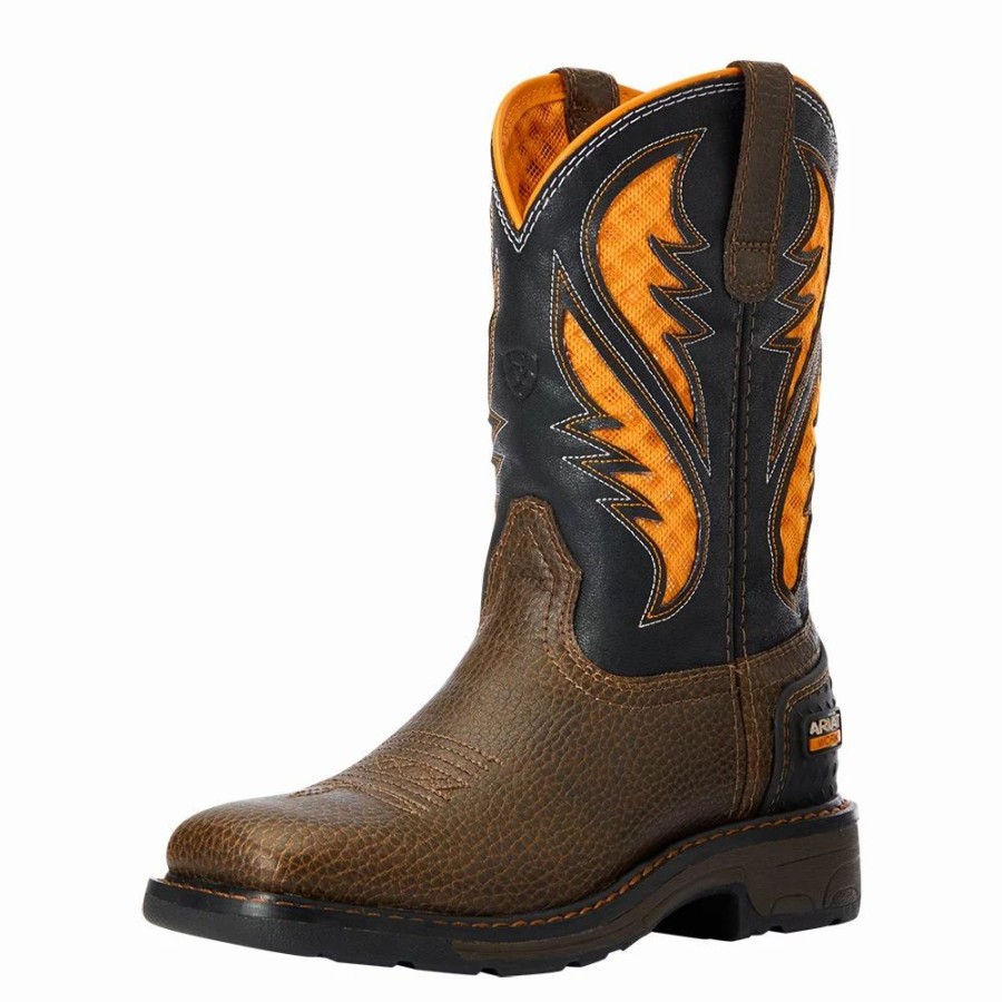 Kids * | Ariat Kids Venttek Cocoa Brown Work Orange Cowboy Boot