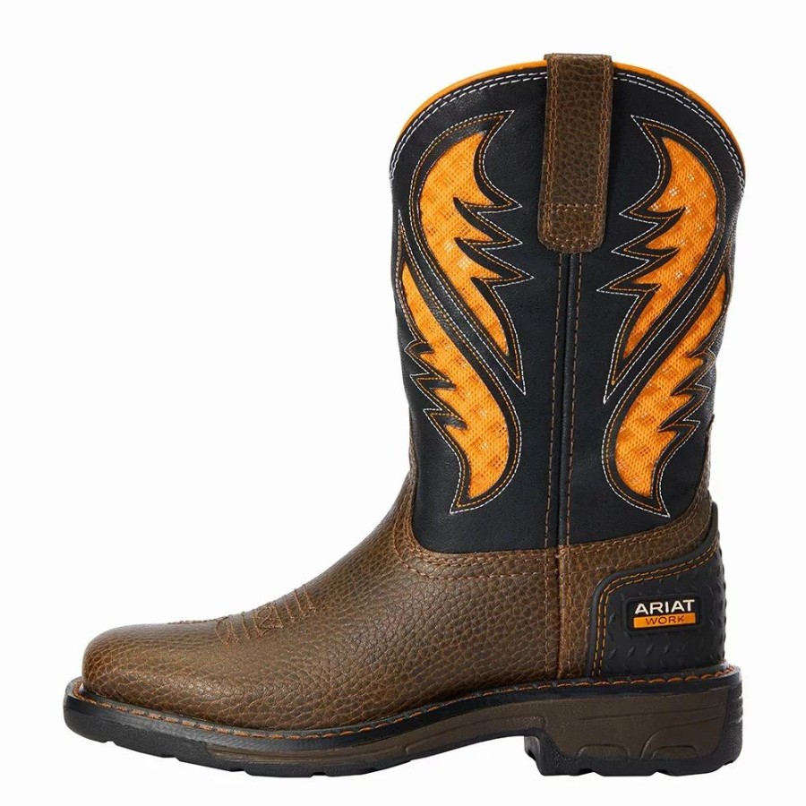 Kids * | Ariat Kids Venttek Cocoa Brown Work Orange Cowboy Boot