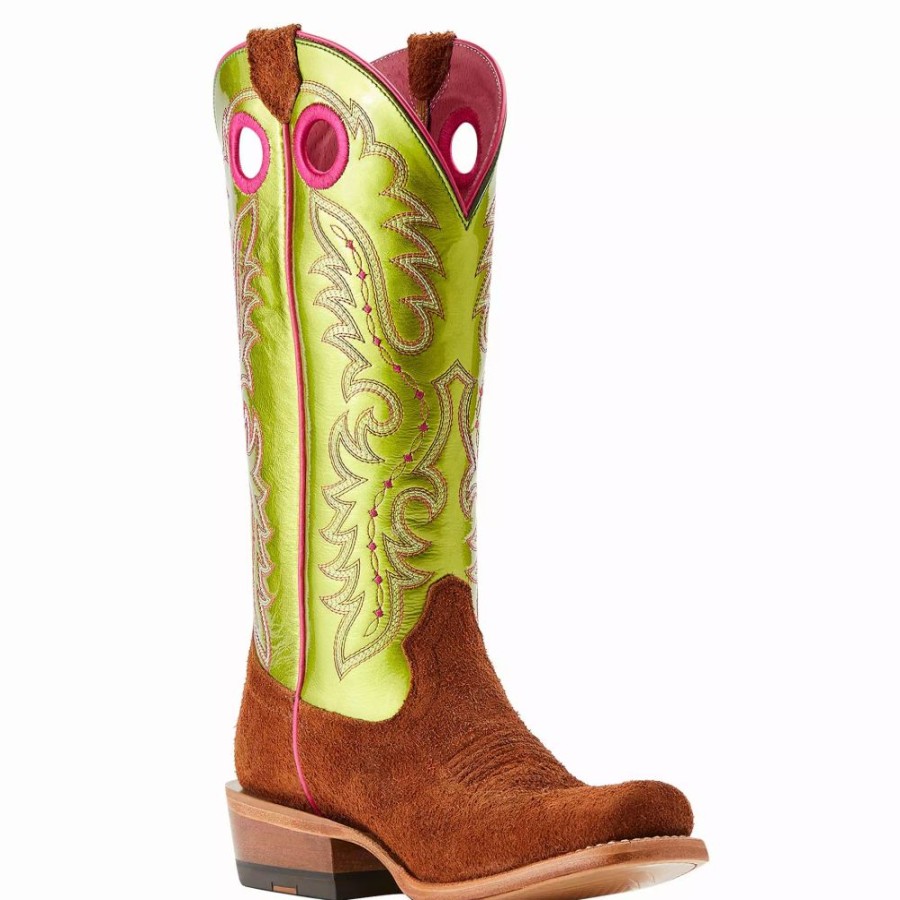 Women * | Ariat Women'S Futurity Boon Cognac Roughout Electric Lime Patent Top Boot