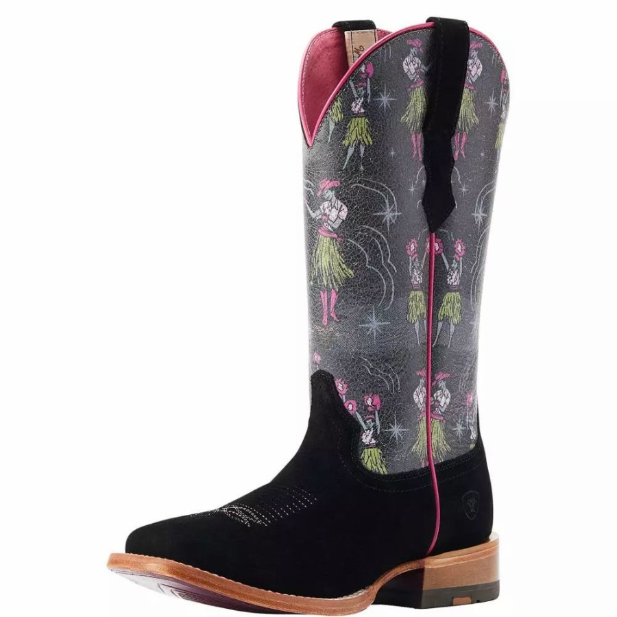 Women * | Ariat Women'S Frontier Western Aloha Black Roughout 13In. Hula Print Boot