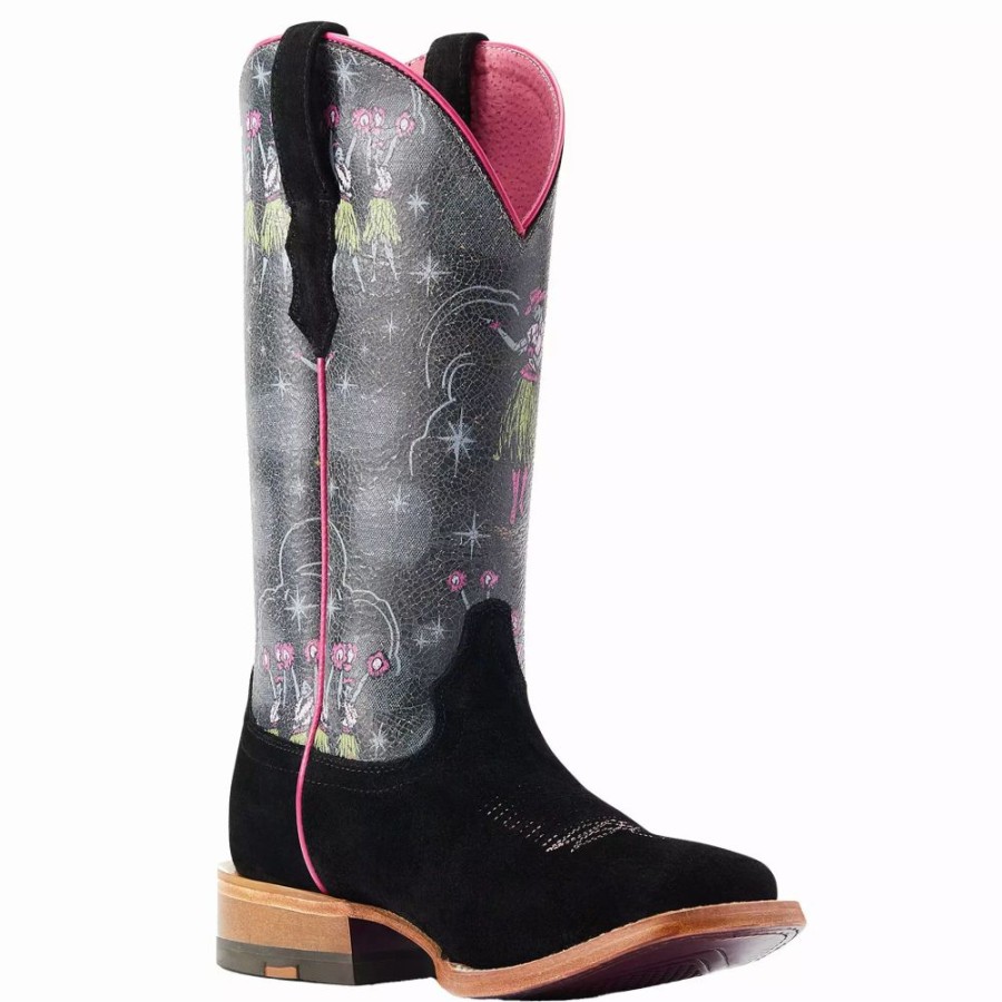 Women * | Ariat Women'S Frontier Western Aloha Black Roughout 13In. Hula Print Boot